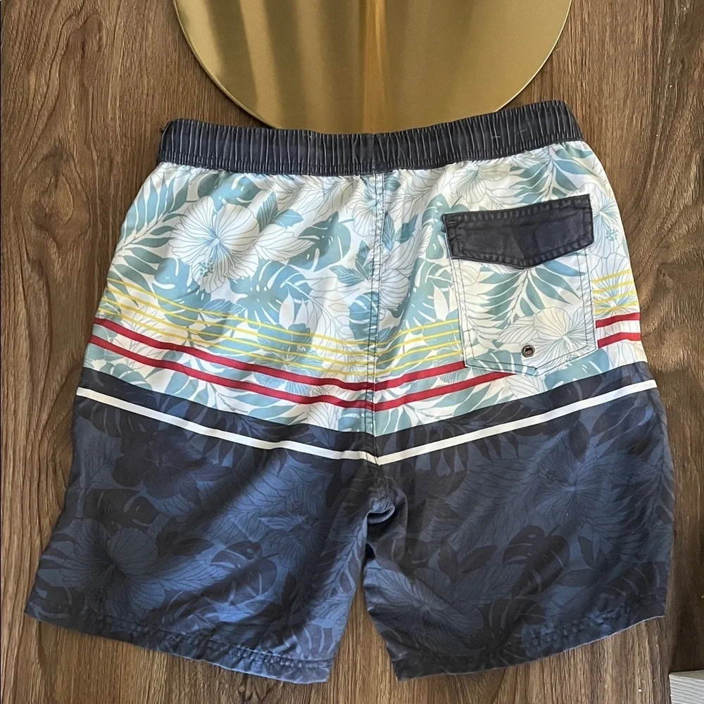 Micros Boys Blue Floral Stripe Swim Trunks with Drawstring